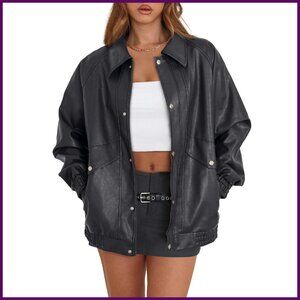 Oversized Faux Leather Motorcycle Jacket Zip Up Winter Coat